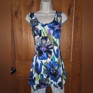 Floral Scoop Neck Tunic Tank‎ Top - Blue Multi